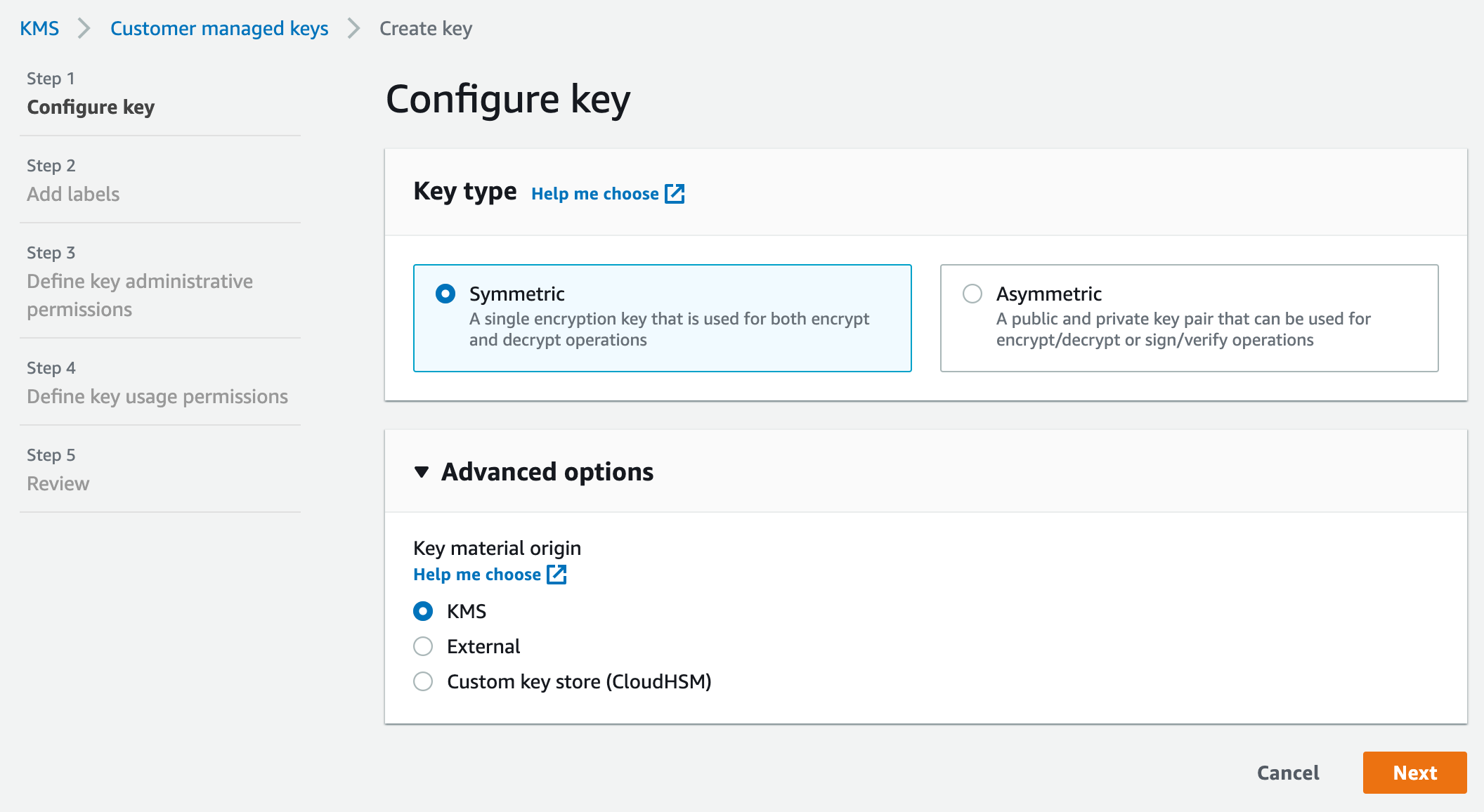 A screenshot of AWS with breadcrumbs "KMS," "Customer managed keys," and "Create key," currently at Step 1: "Configure key." The "Key type" can be set to "Symmetric" (selected) or "Asymmetric." Under "Advanced options," the setting "Key material origin" can be "KMS" (selected), "External," or "Custom key store (CloudHSM)."