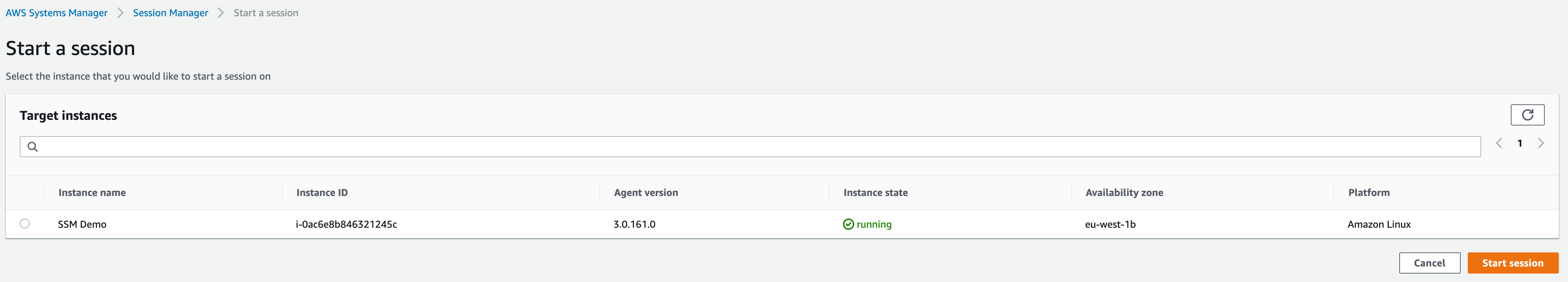 A screenshot of AWS with breadcrumbs AWS Systems Manager, Session Manager, and Start a session. A "Target instances" search box has no query filled in and only one result, with "Instance name" set to "SSM Demo."
