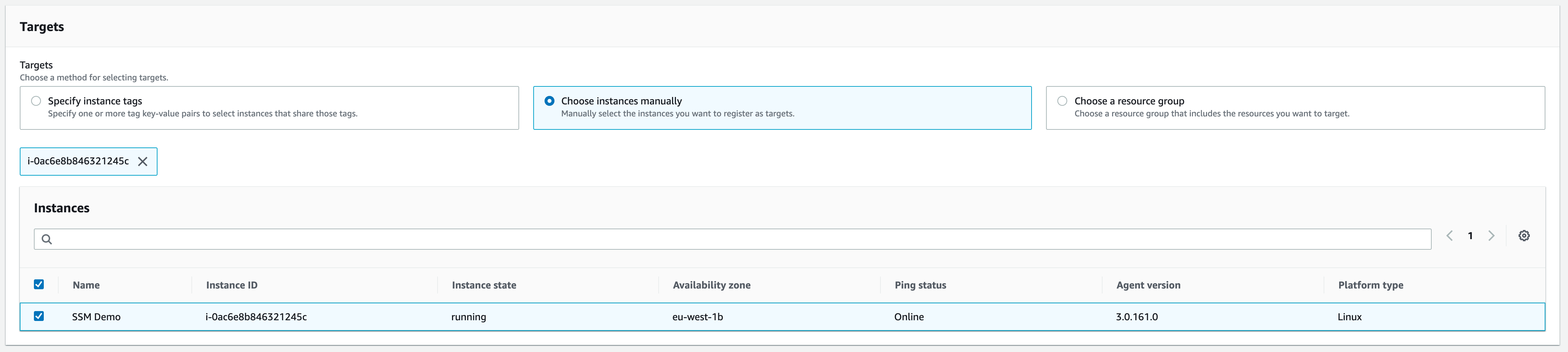 A screenshot of an AWS section entitled "Targets." The first field, also called "Targets," has options "Specify instance tags," "Choose instances manually" (selected), and "Choose a resource group." At the bottom is an "Instances" search box with no query, with its only result, "SSM Demo," checked. The corresponding instance ID in the row is copied to a box just above "Instances" with an X.