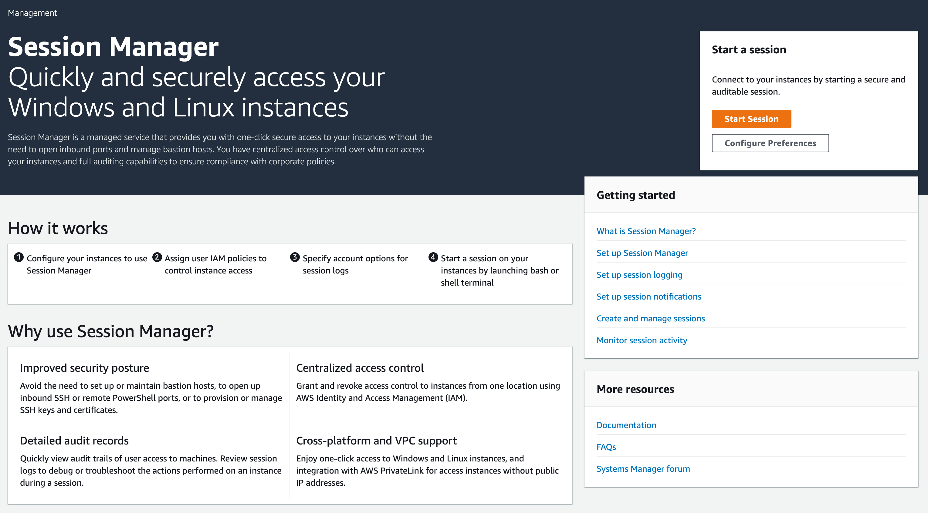 A screenshot of the AWS Session Manager dashboard with sections, "How it works," "Why use Session Manager?," "Getting started," "More resources," and in the upper-right corner, "Start a session." The latter section has an orange "Start Session" button and a white "Configure Preferences" button.