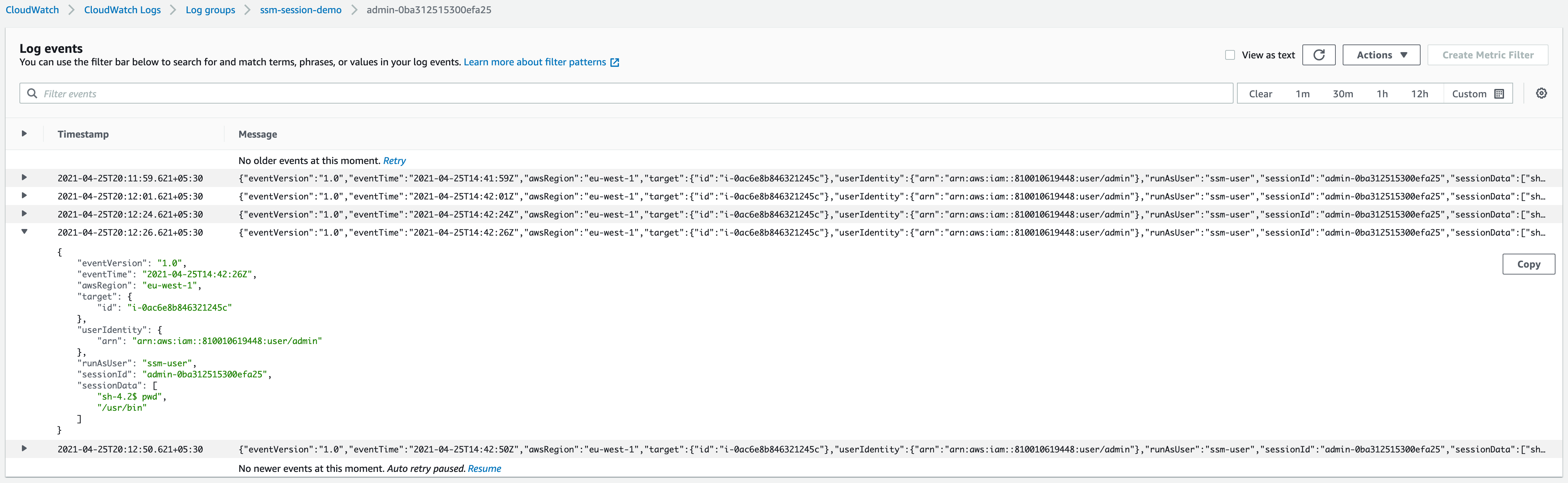A screenshot of AWS with breadcrumbs "CloudWatch," "CloudWatch Logs," "Log groups," "ssm-session-demo," and the session ID of the previous step. The only section is a search box, "Log events," with rows that each have a timestamp and a JSON-formatted message. One of them is expanded to reveal its JSON pretty-printed and with a white button to the right labeled "Copy."