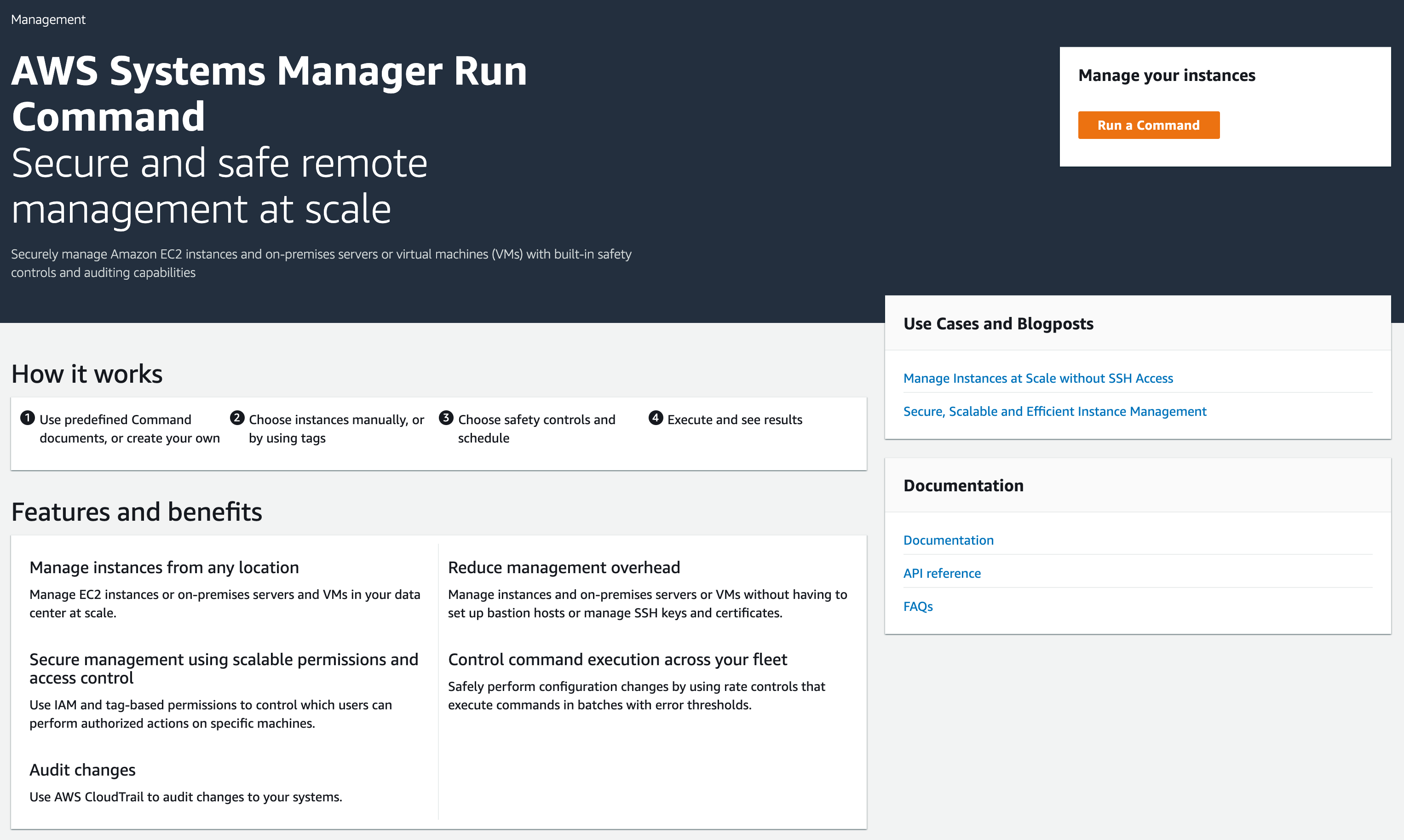 A screenshot of the AWS Systems Manager Run Command dashboard with sections, "How it works," "Features and Benefits," "Use Cases and Blogposts," "Documentation," and in the upper-right corner, "Manage your instances." That section contains only an orange "Run a Command" button.