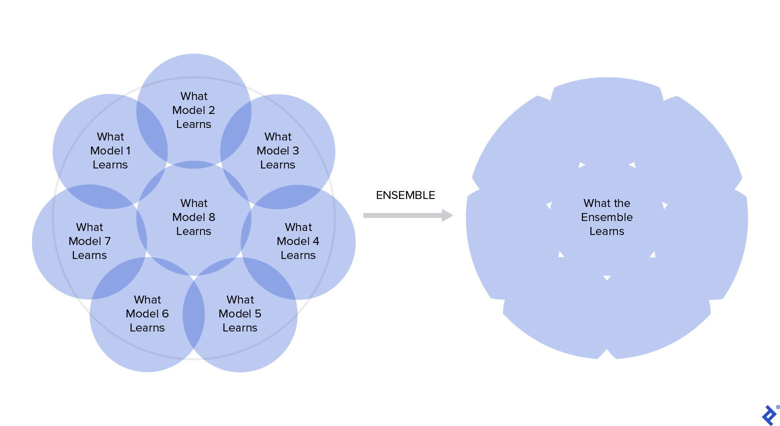An image depicting the concept of eight different models, each learning a different set of facts that may or may not overlap. The result combines what each model has learned and eliminates some of their errors.