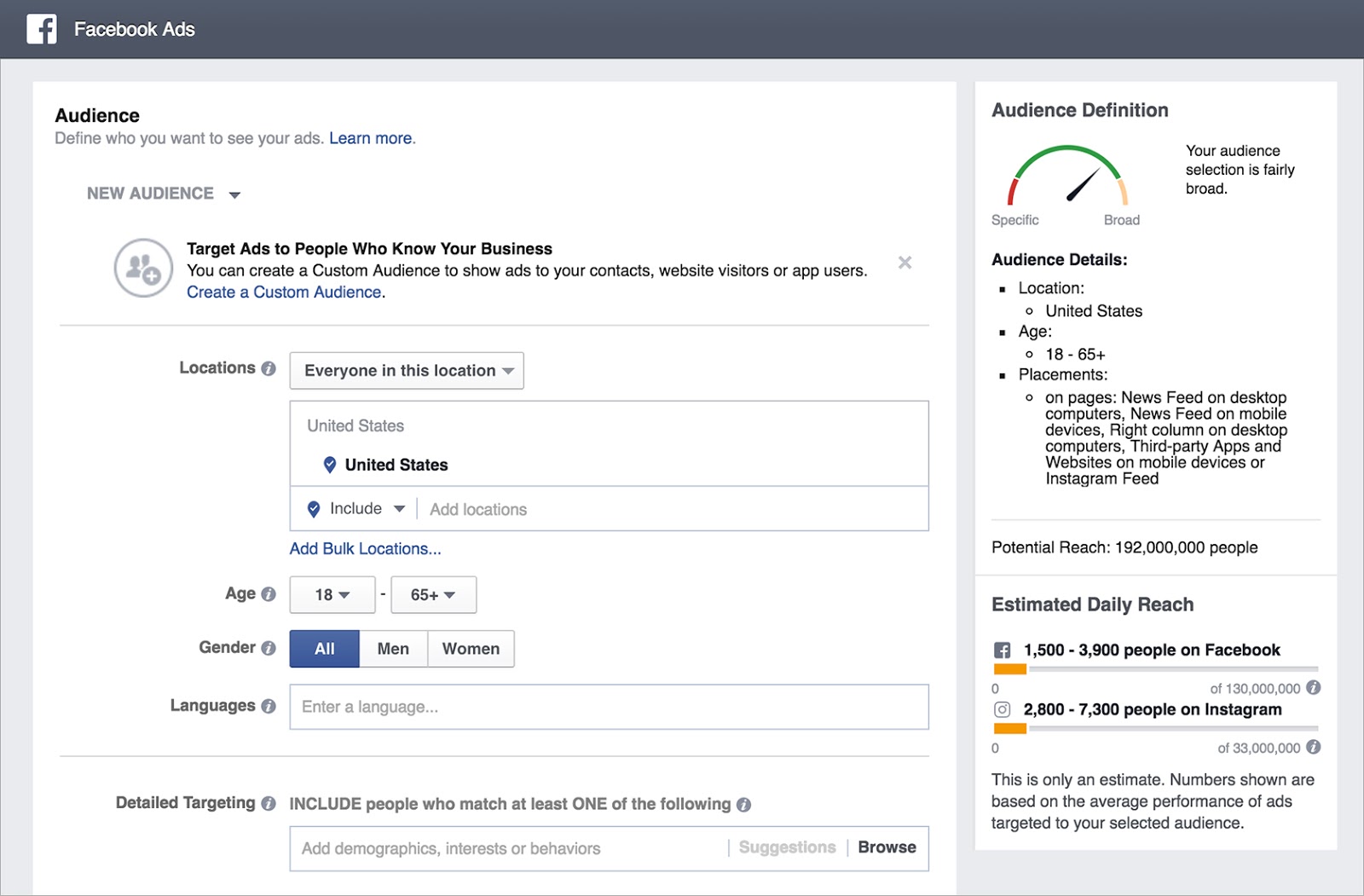 Image of Facebook custom audience setup