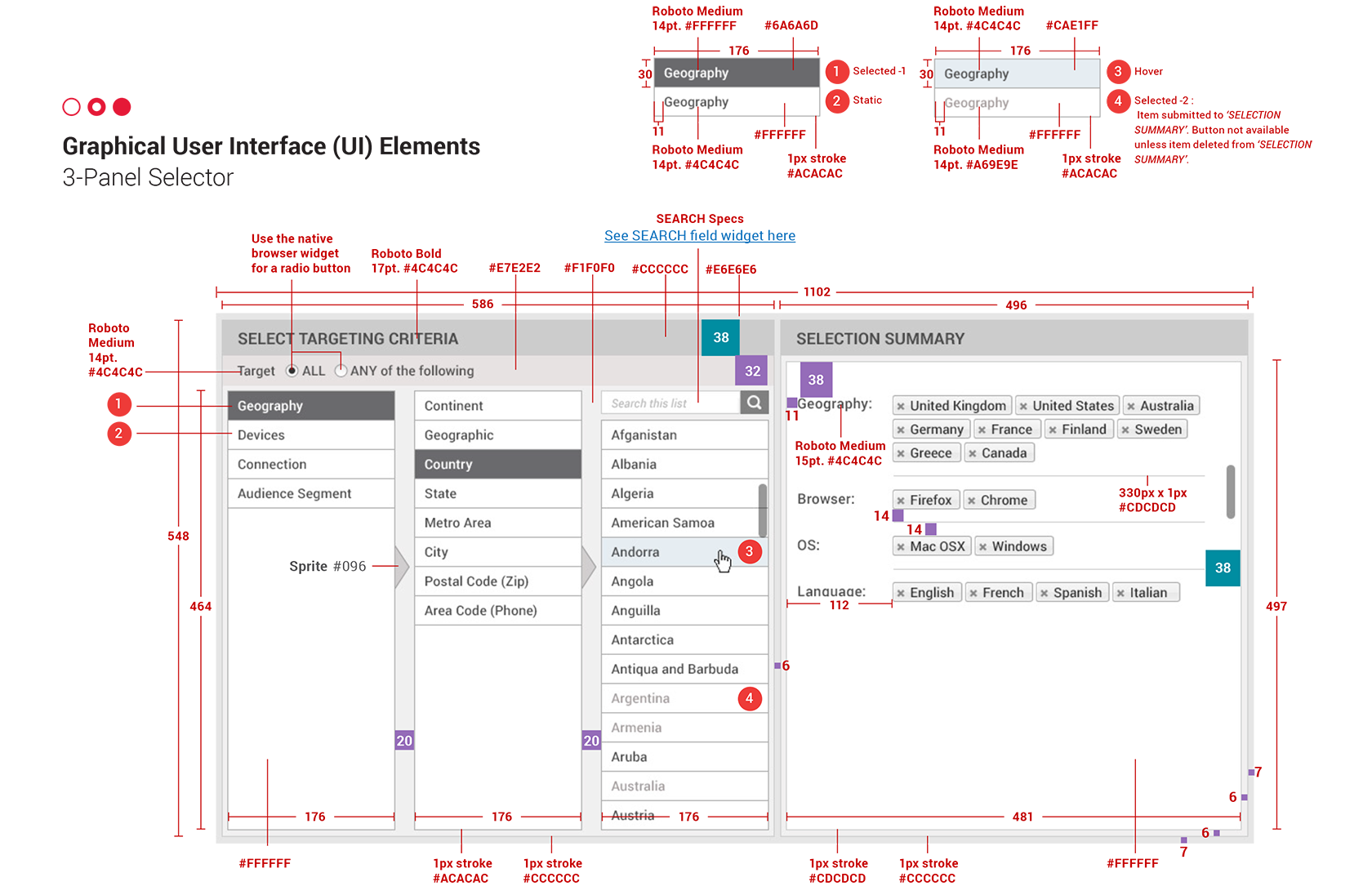 Visual design specifications, styleguide