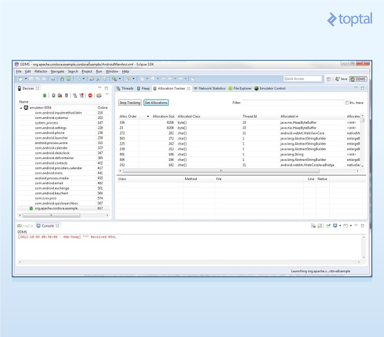Object Allocation Tracker in DDMS, user interface