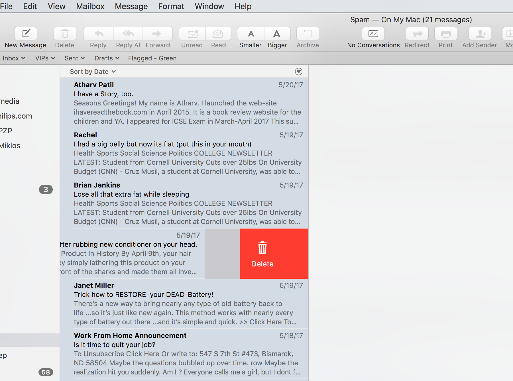 Interaction design principles violated by Apple Mail with a hidden affordance because there is no signifier