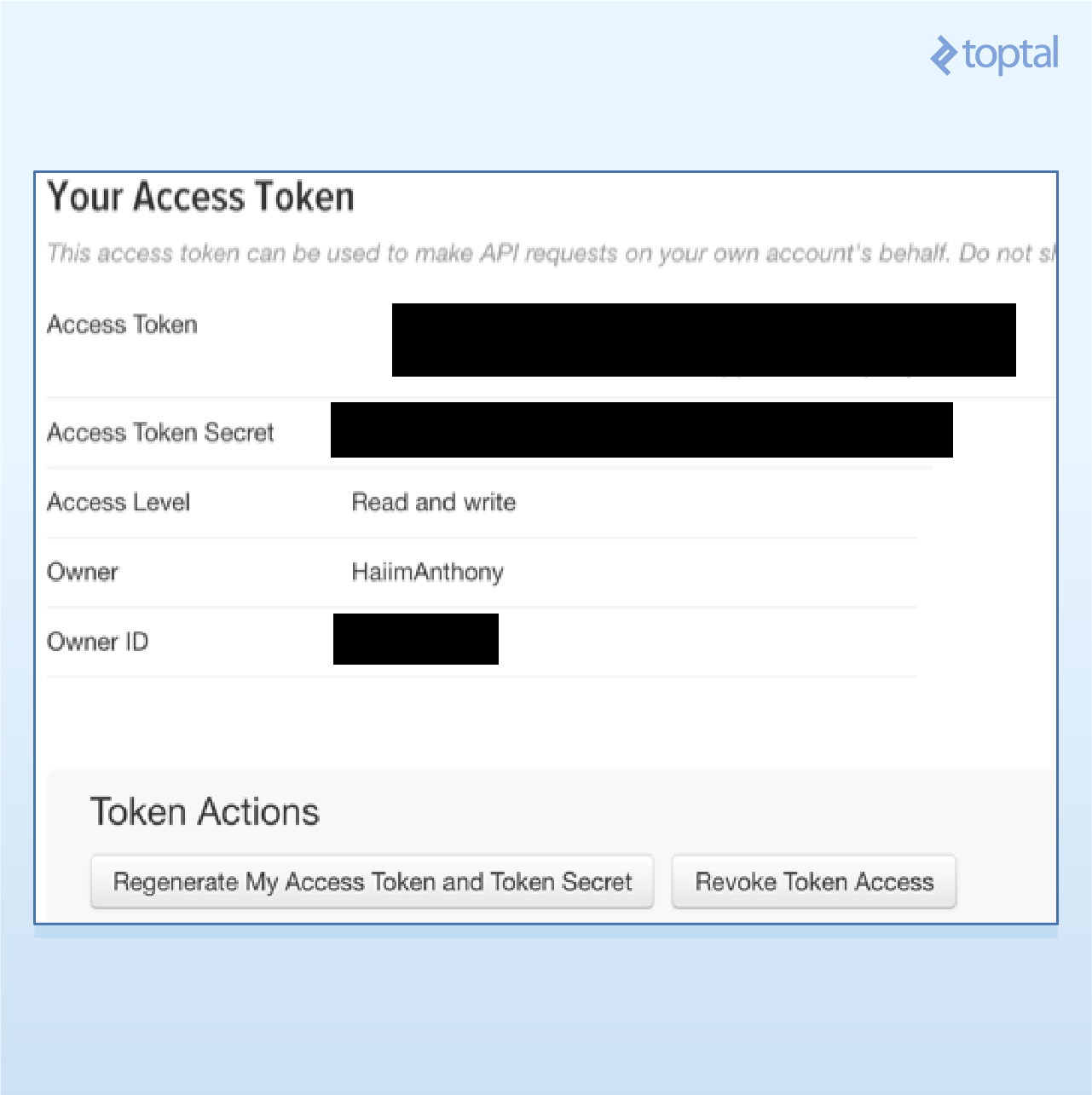 Form showing access tokens