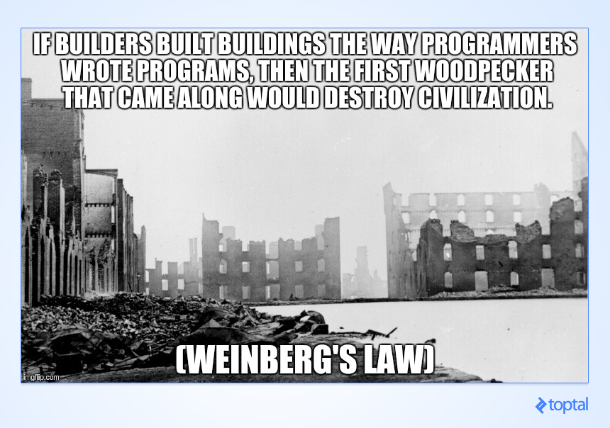"If builders built buildings the way programmers wrote programs, then the first woodpecker that came along would destroy civilization." --Weinberg's Law