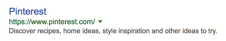 Captura de pantalla del resultado de un motor de búsqueda para Pinterest. La descripción HTML dice "Descubre recetas, ideas caseras, inspiración de estilo y otras ideas."