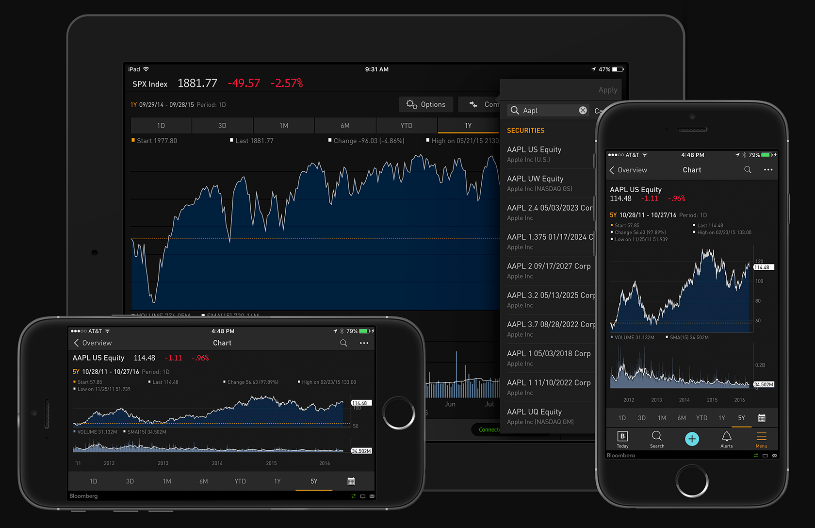 Las UI oscuras para las apps de iOS de Bloomberg Anywhere