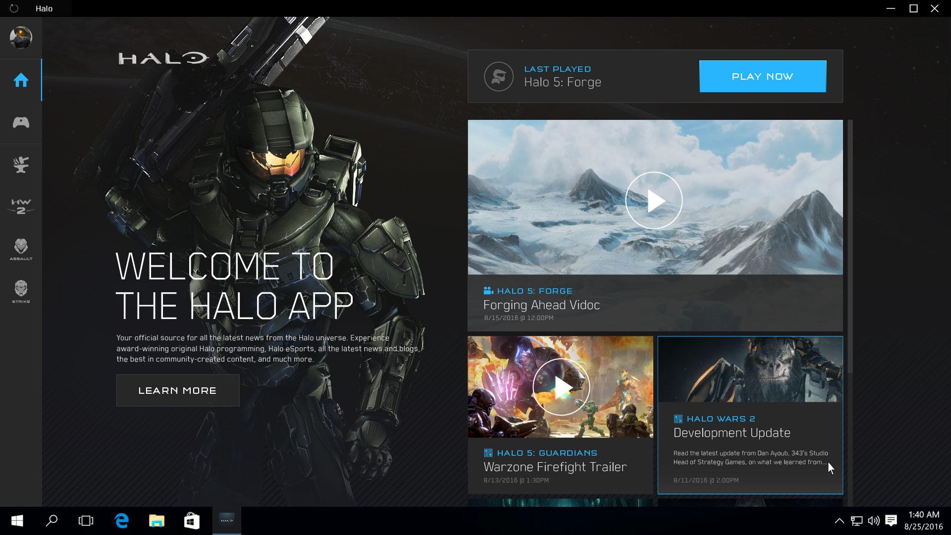 El diseño de Halo App Windows con fondo oscuro