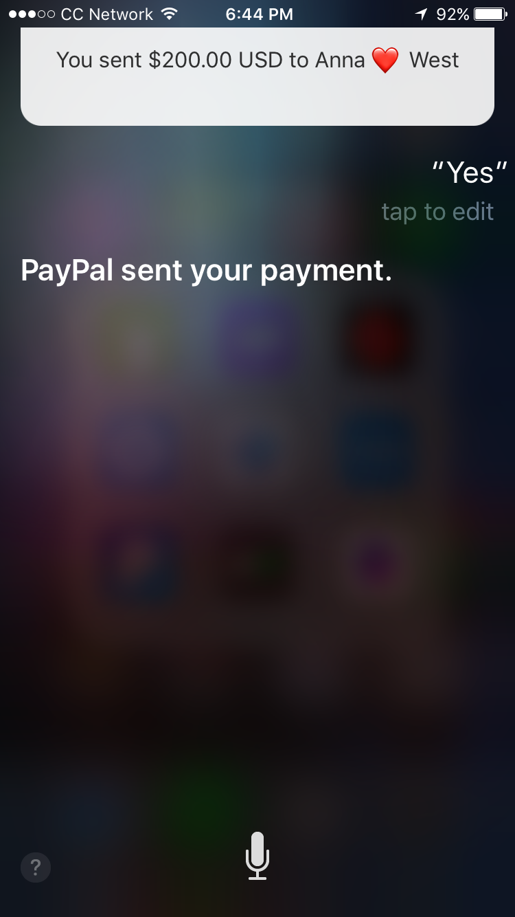 Siri used for PayPal transfer on iPhone