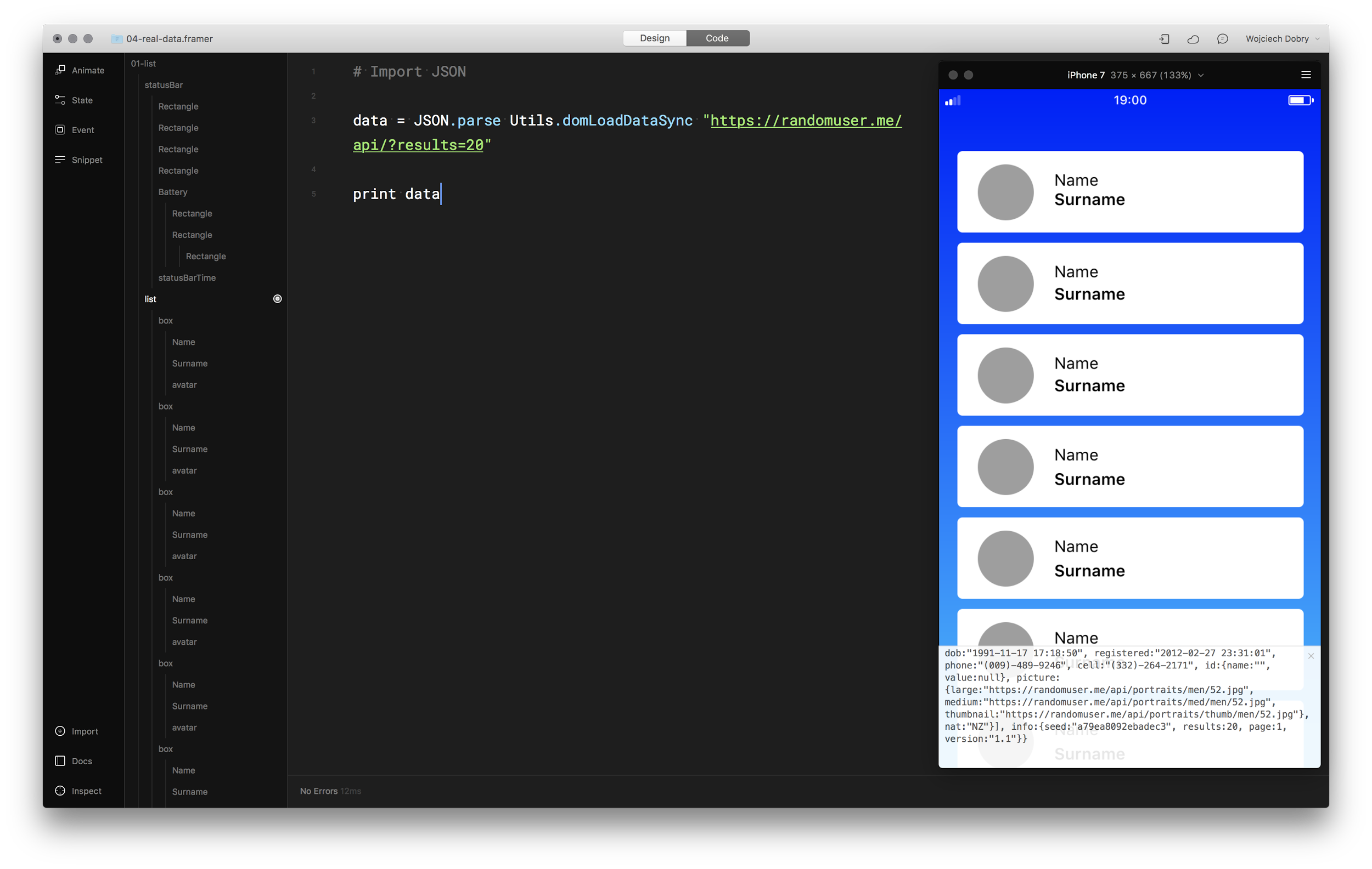 Framer with opened console window
