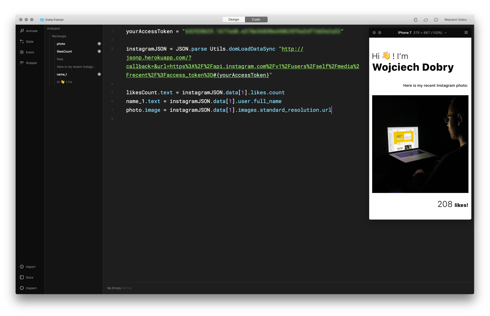 Final prototype in Framer: code editor