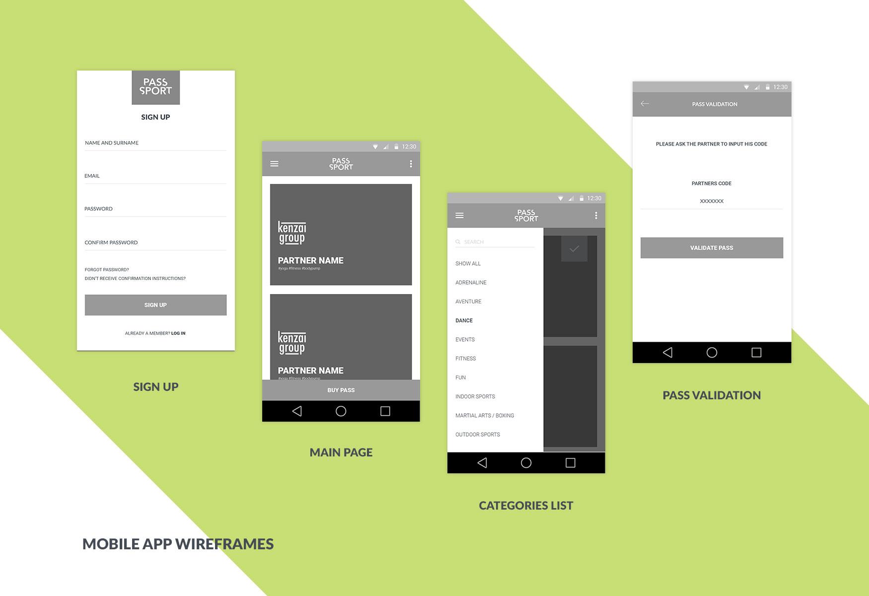 High-fidelity wireframes for an Android application