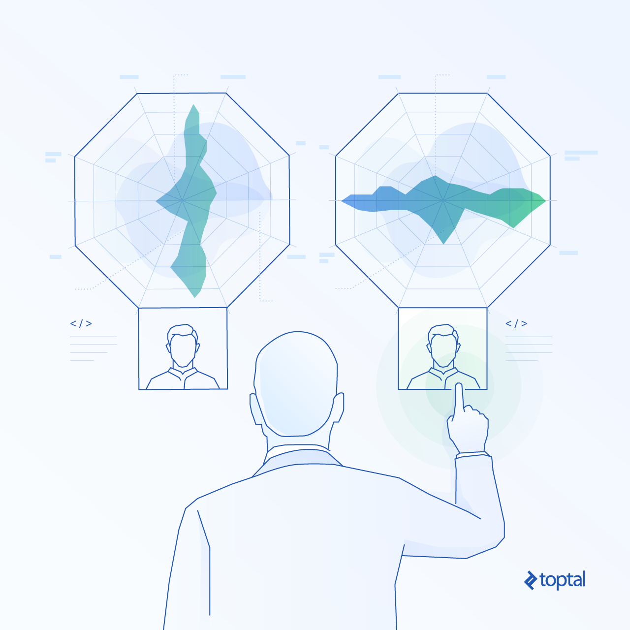 Graphic representation of an employer choosing a developer with a broad and shallow skillset over one with a deep and narrow skillset