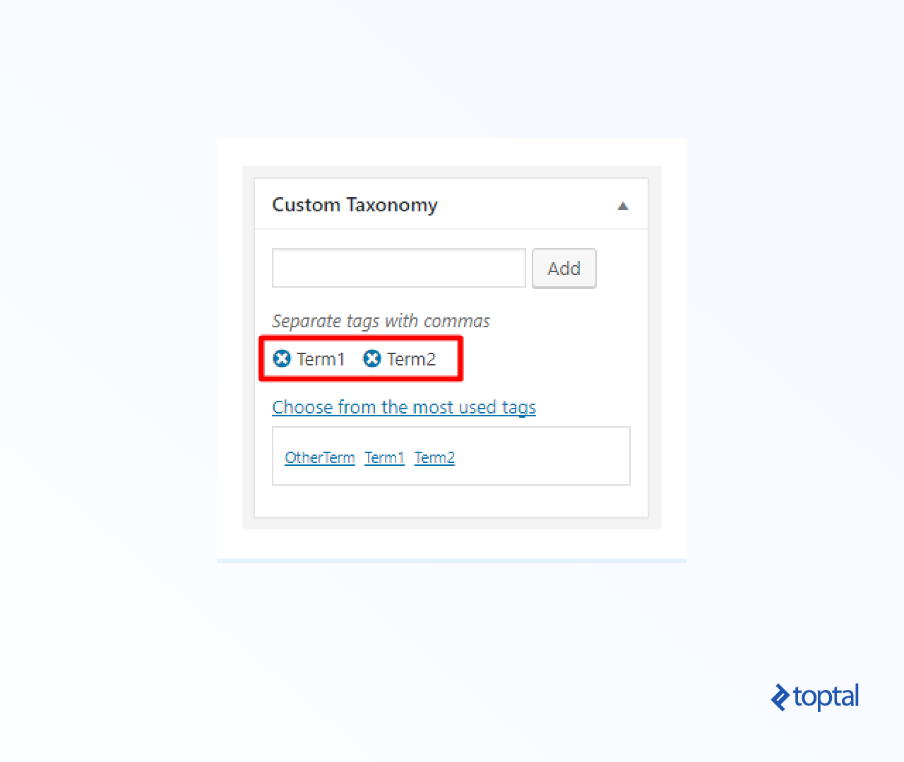 Screenshot of a custom taxonomy meta box where you can add items to the set of available terms