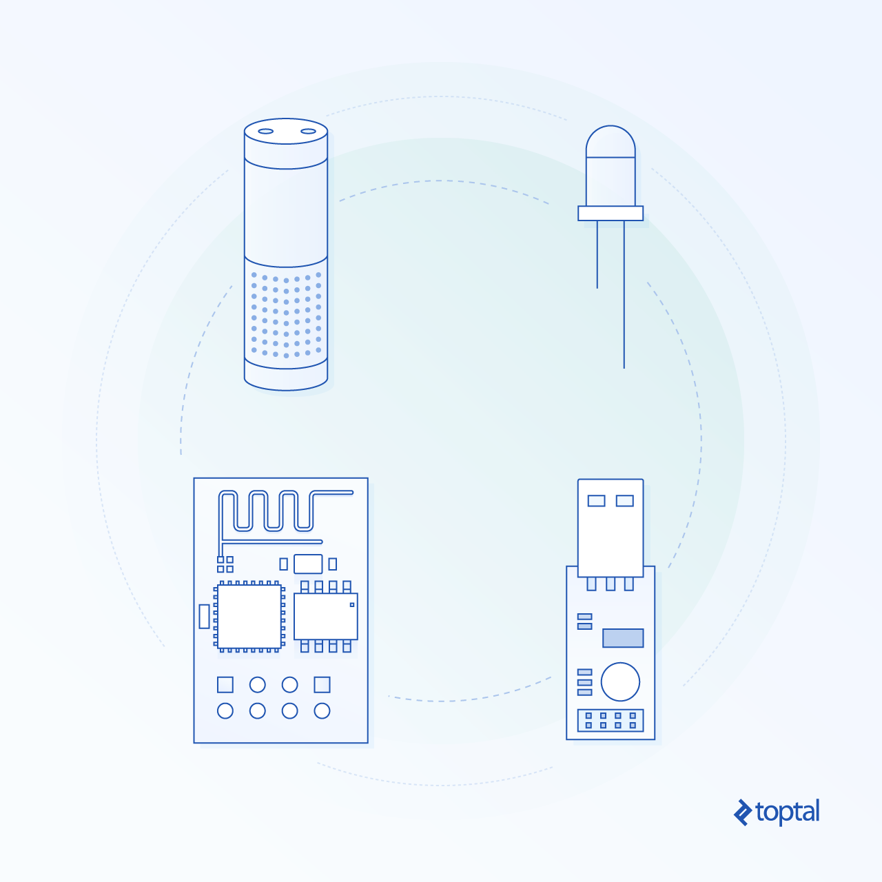 Abstract graphic representation of pieces of hardware, including an Alexa tower and an Arduino board
