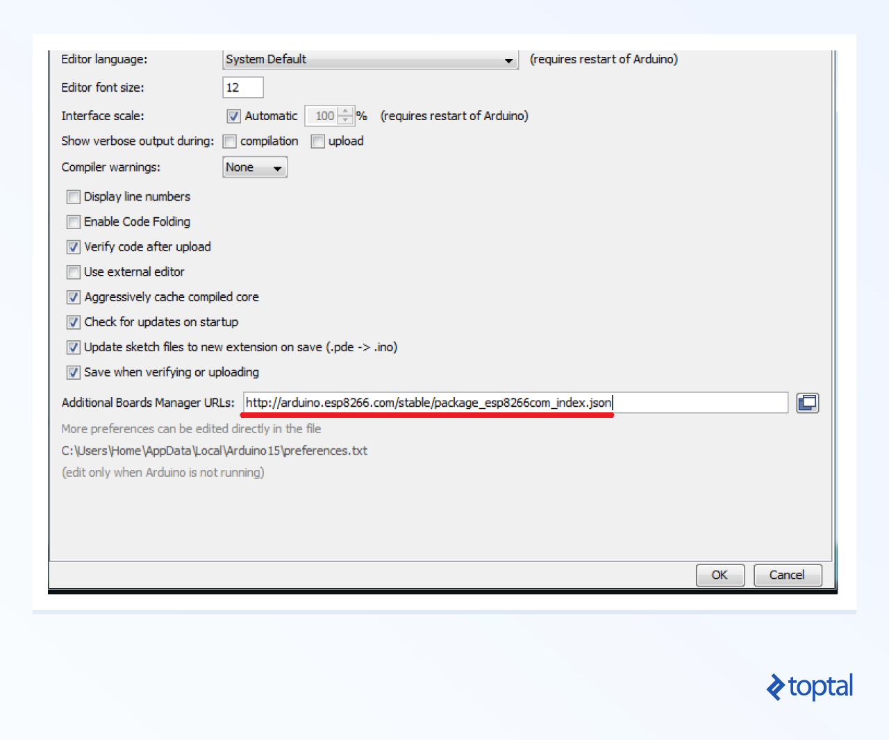 ESP8266 Arduino tutorial screenshot highlighting the Boards Manager URLs field