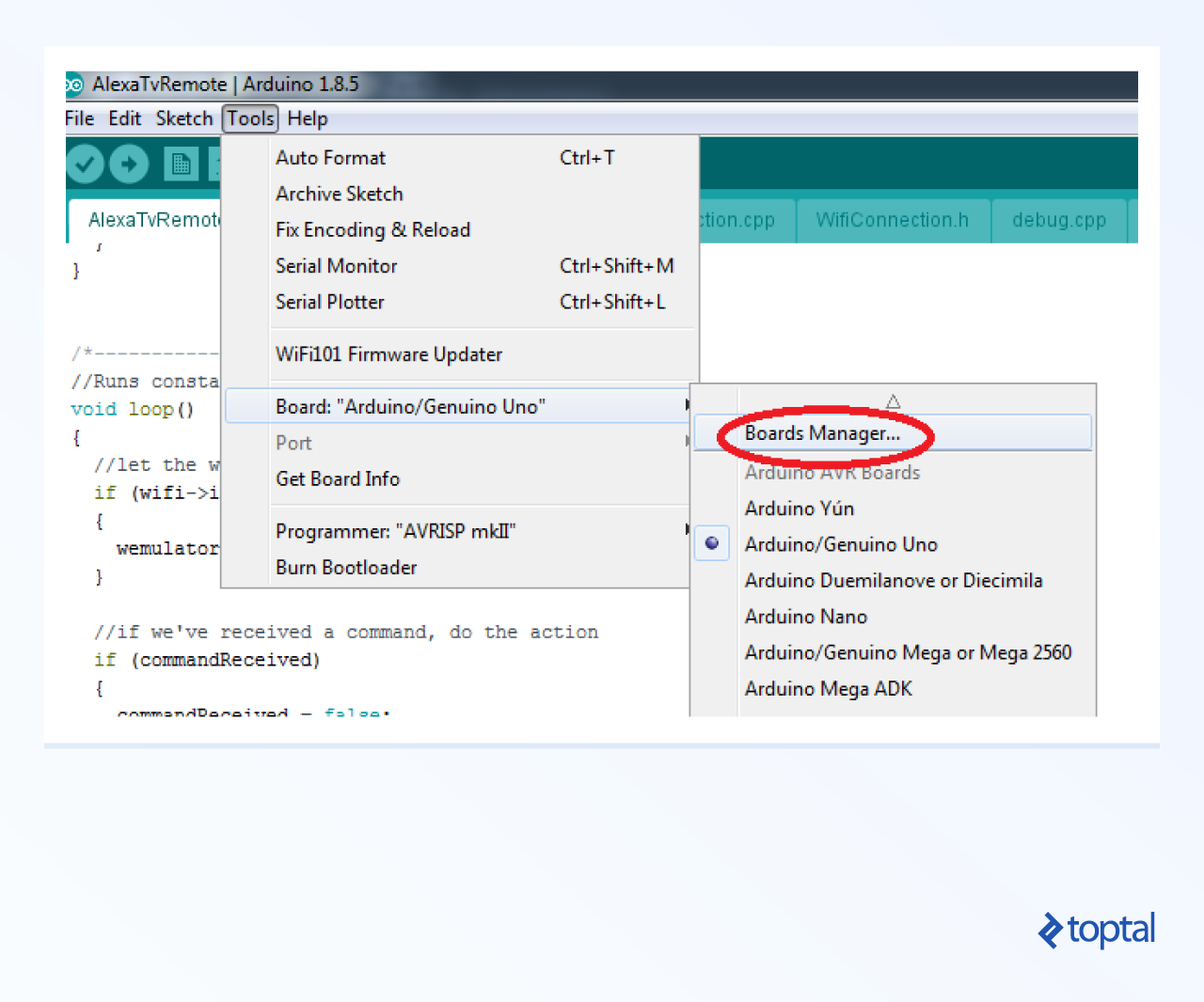Screenshot highlighting the Boards Manager menu item