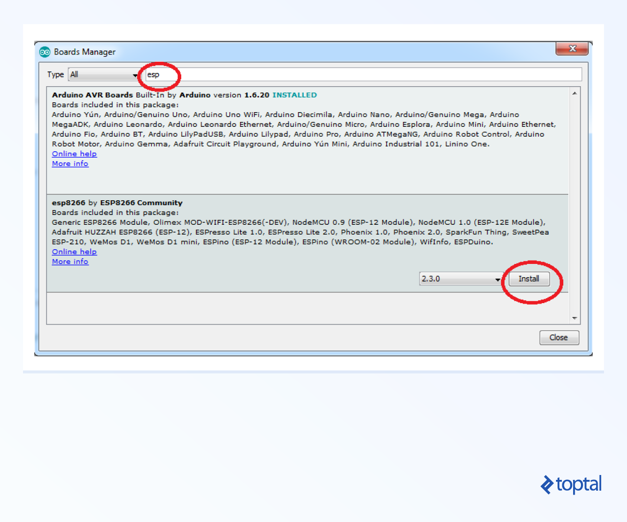 ESP8266 Arduino tutorial screenshot of the Boards Manager highlighting the installation process