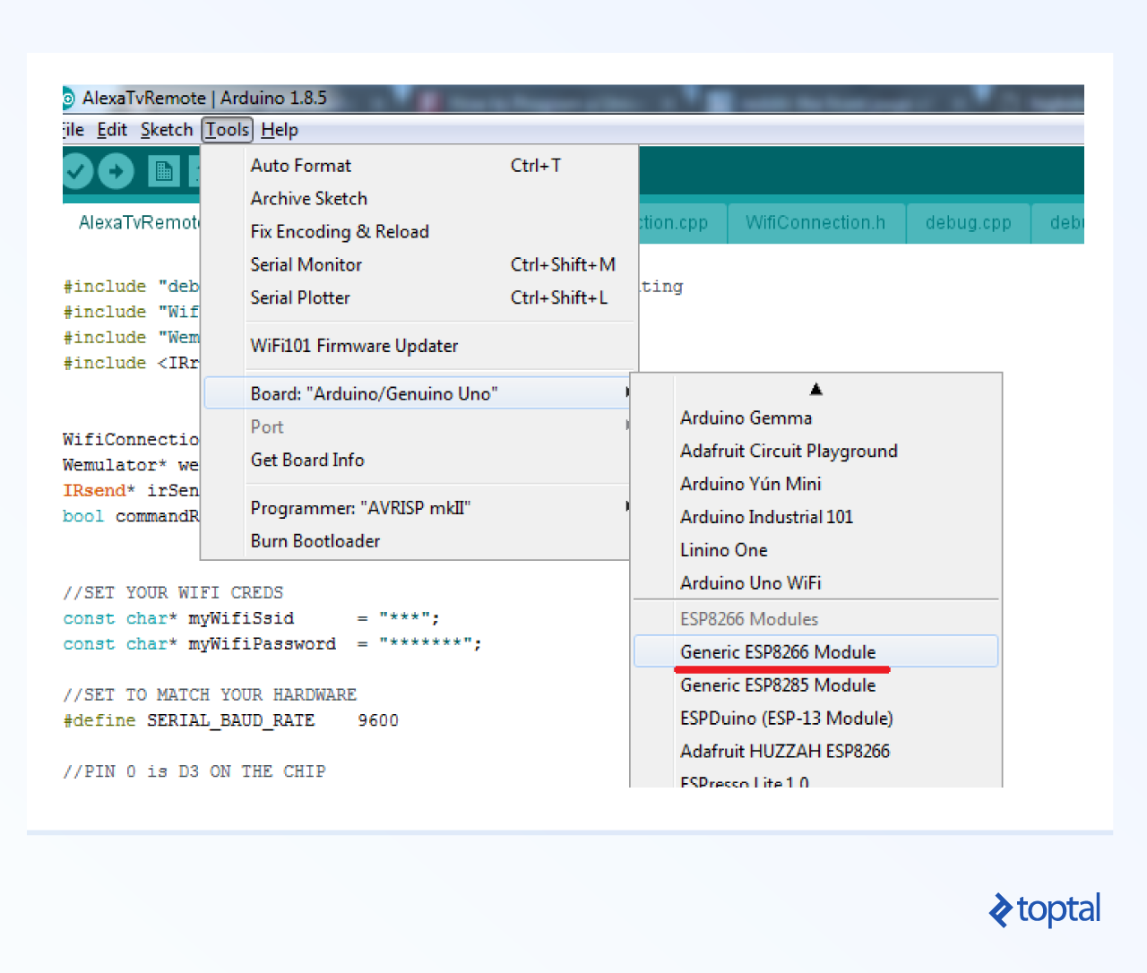 ESP8266 Arduino tutorial screenshot highlighting the menu option for Generic ESP8266 Module