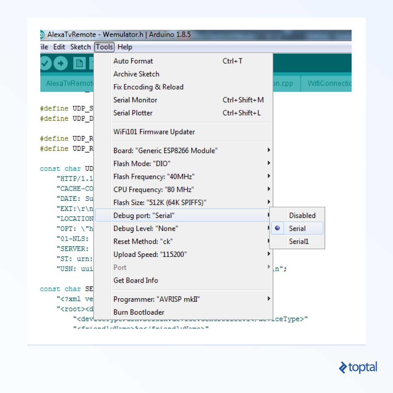 Screenshot of the Serial debug port menu option