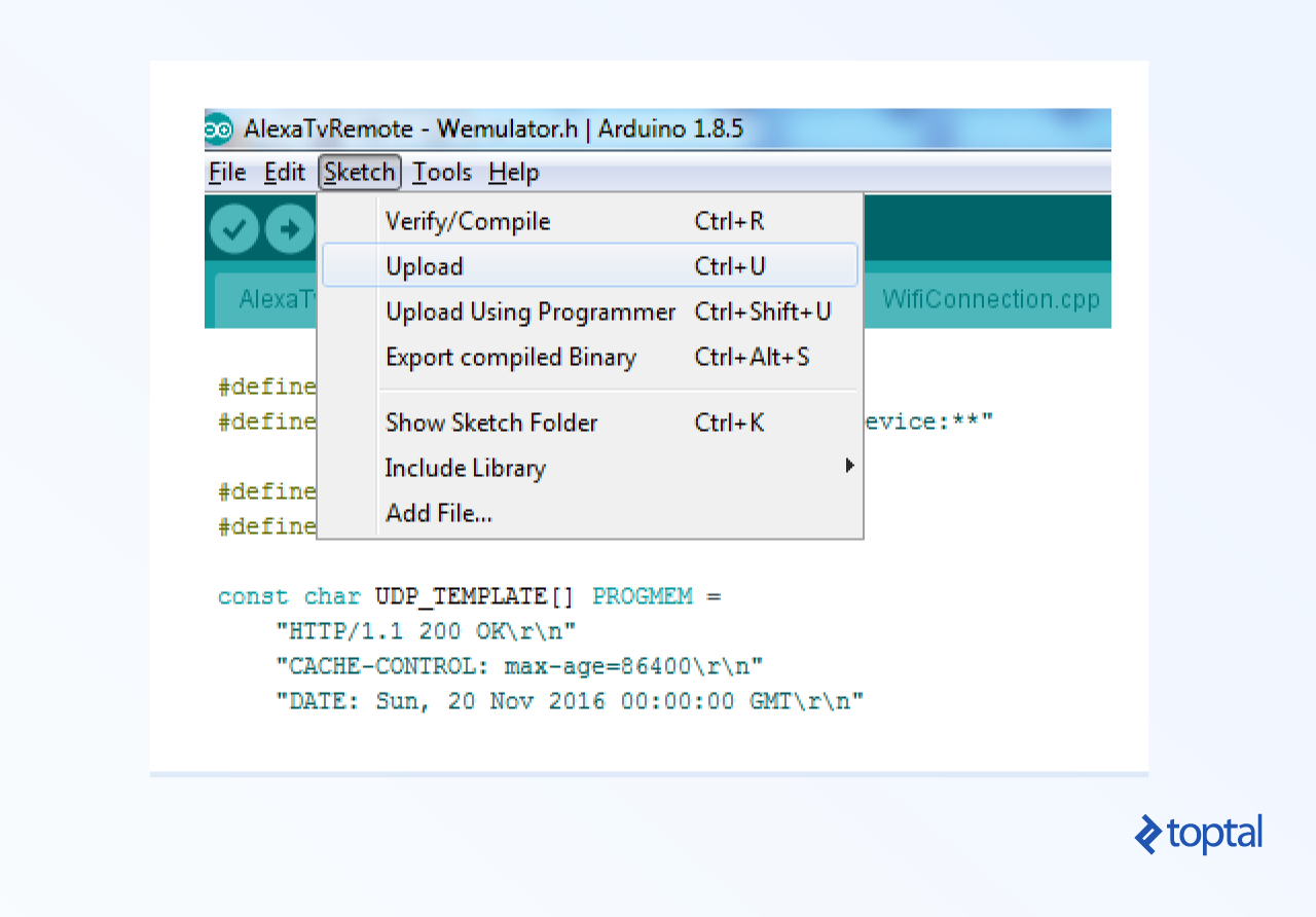 Screenshot of the Upload menu option in the Sketch menu
