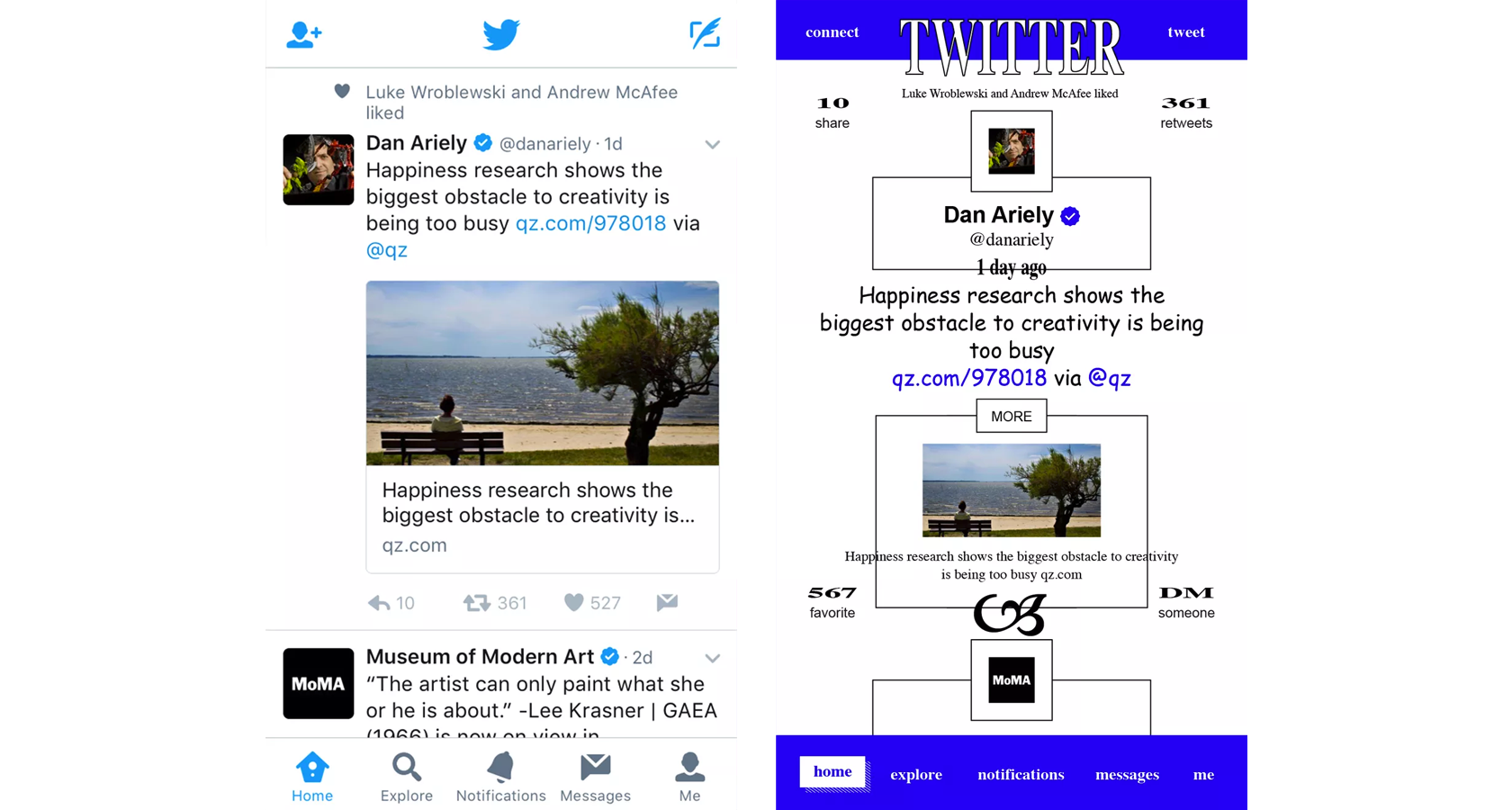 Brutalist style app design example of Twitter
