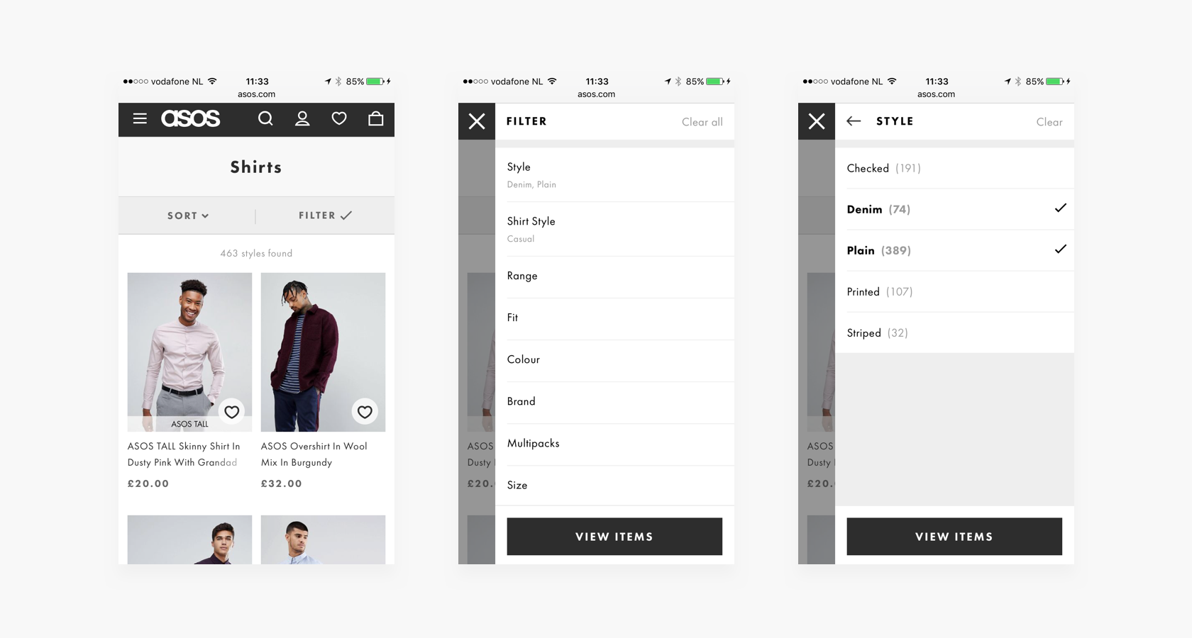 Mobile e-commerce filtering