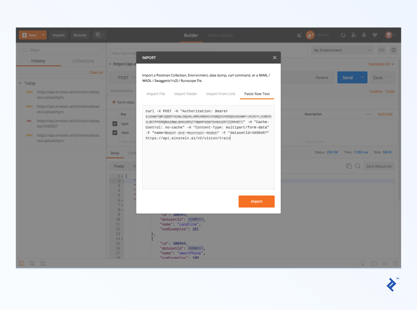 Importing cURL statements into Postman.