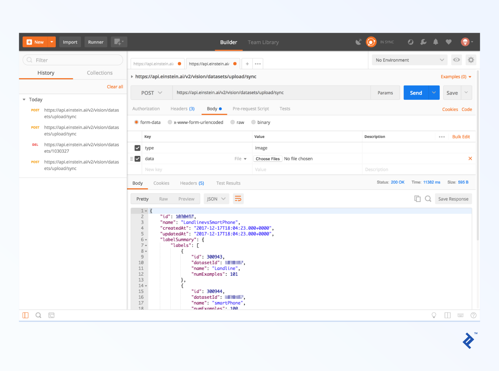 Filling out the body in Postman.