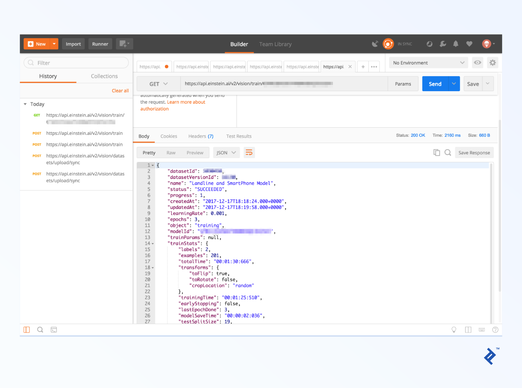 Checking your model's training progress via Postman.