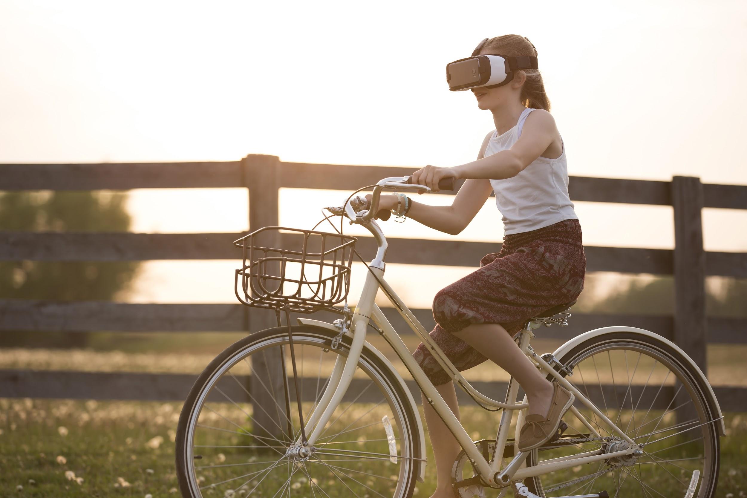 vr headset wearer on a bicycle