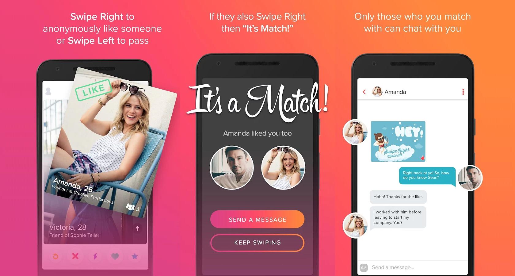 app screens showcasing tinder's matching feature