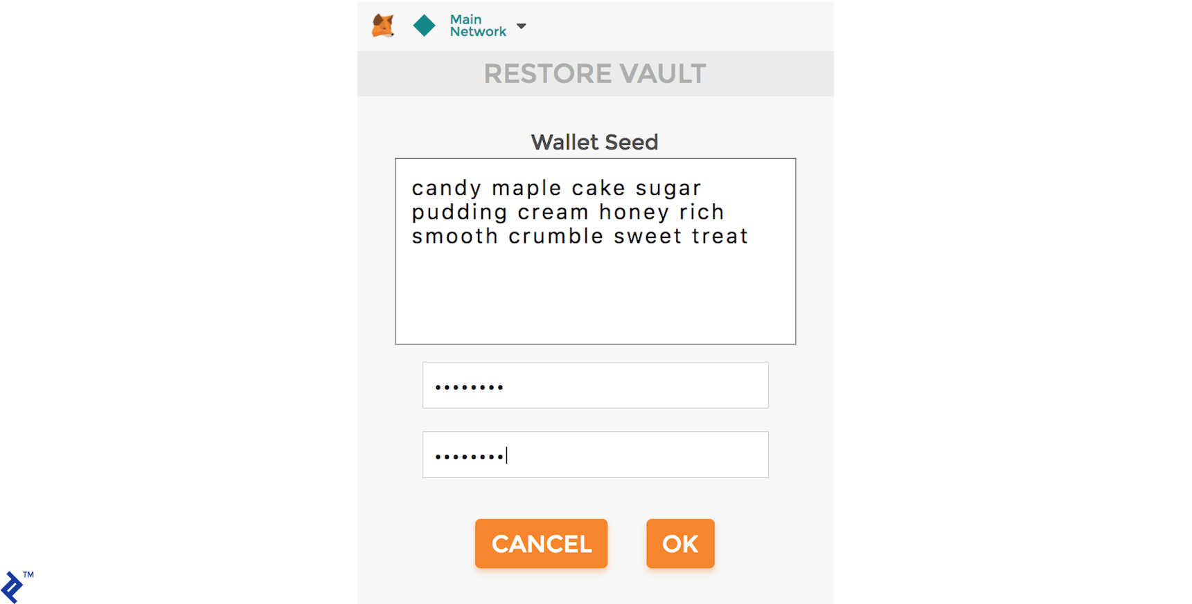 RESTORE VAULT: Using a mnemonic wallet seed to import private and public keys into MetaMask.