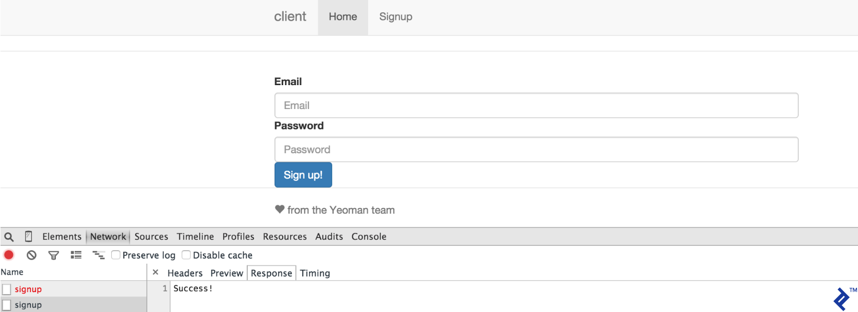 Angular Play signup form example in browser