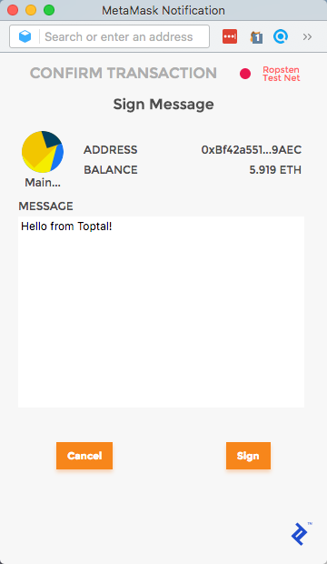 MetaMask confirmation popup