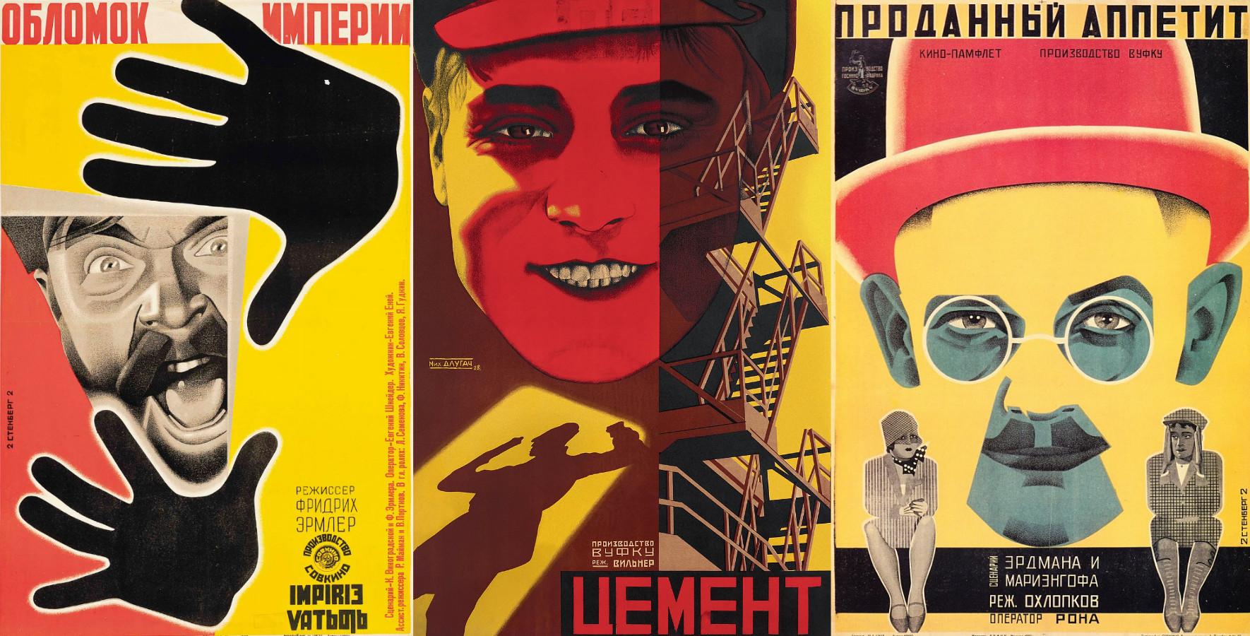 russian propaganda posters with simple geometric shapes, cutouts, and photo masking visual effect