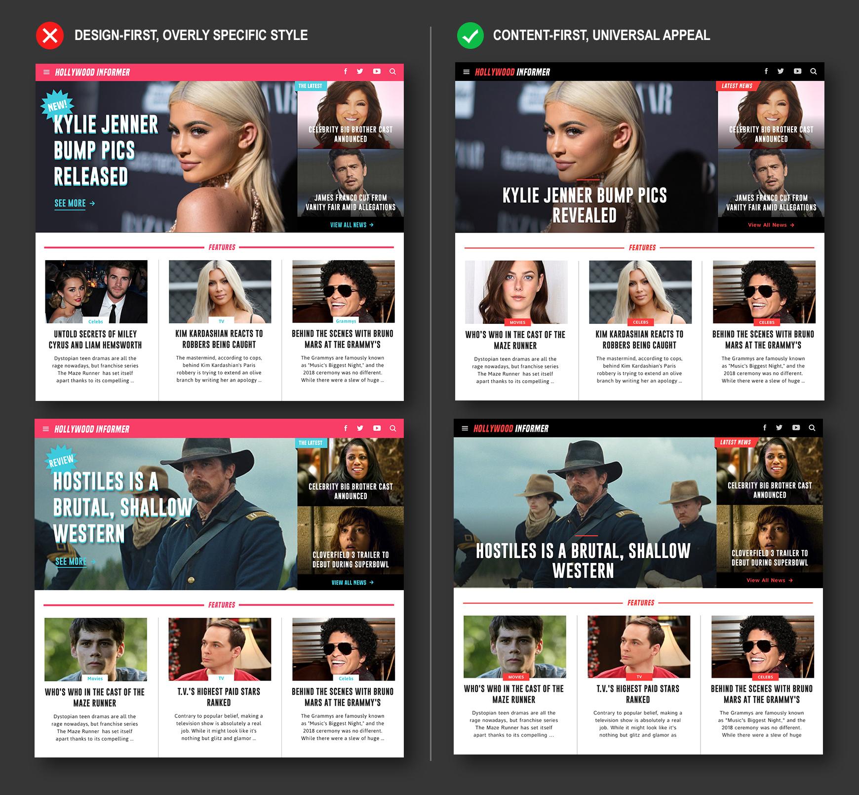 Example home page UI design treatments for dynamic content websites