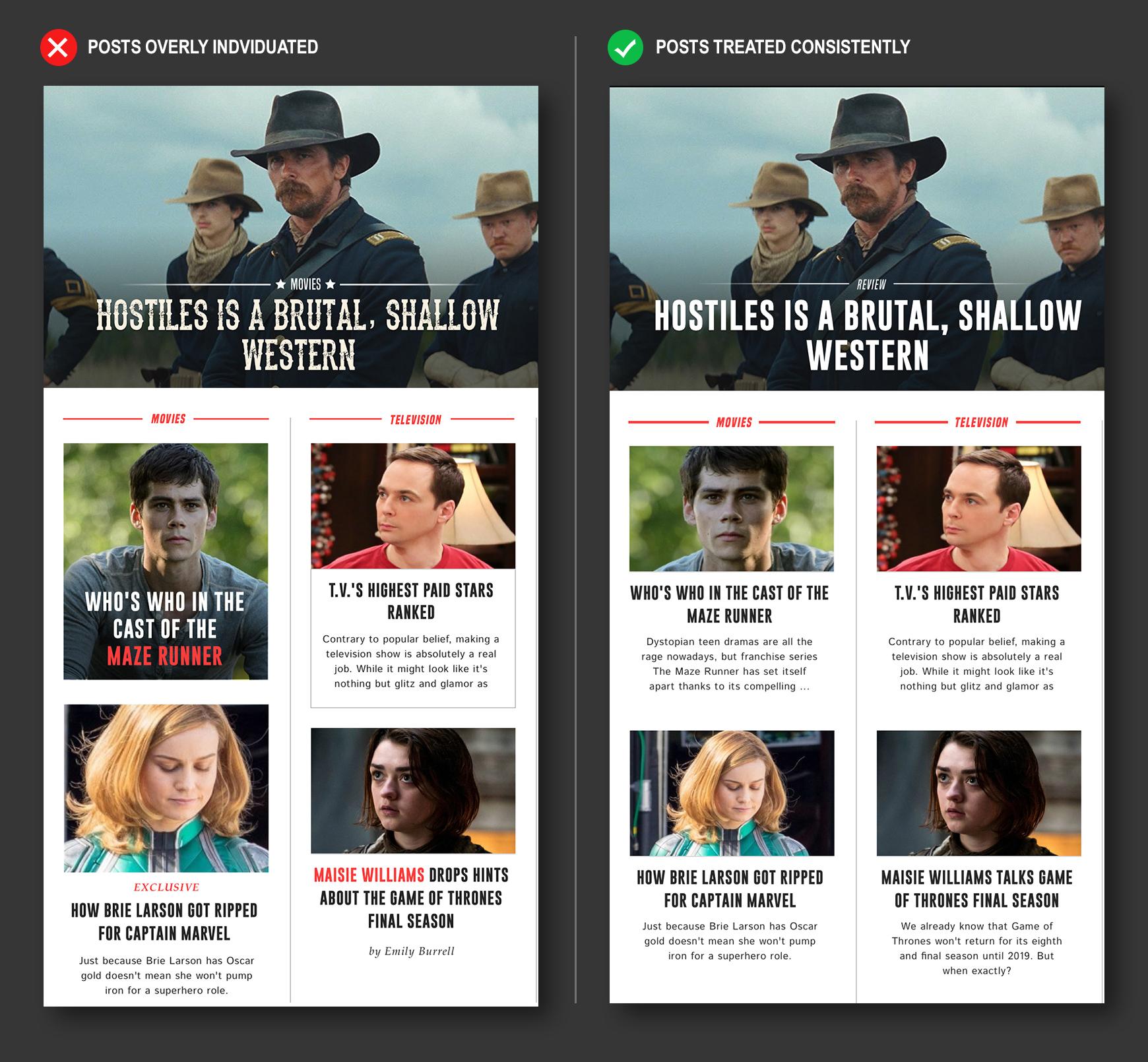 Example post treatments in news site for CMS web design