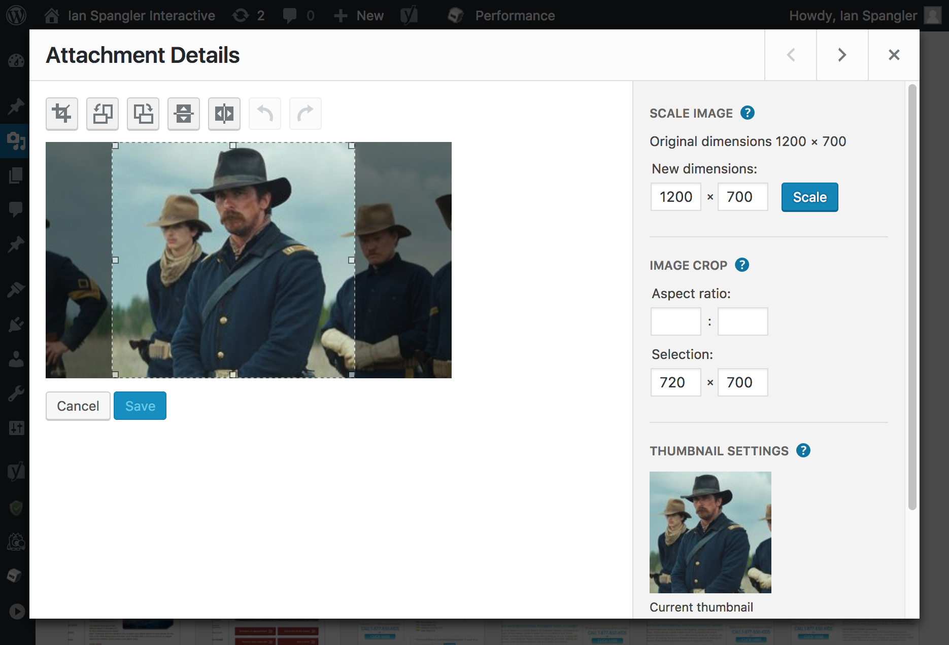WordPress admin media tool with cropping function for a dynamic content website