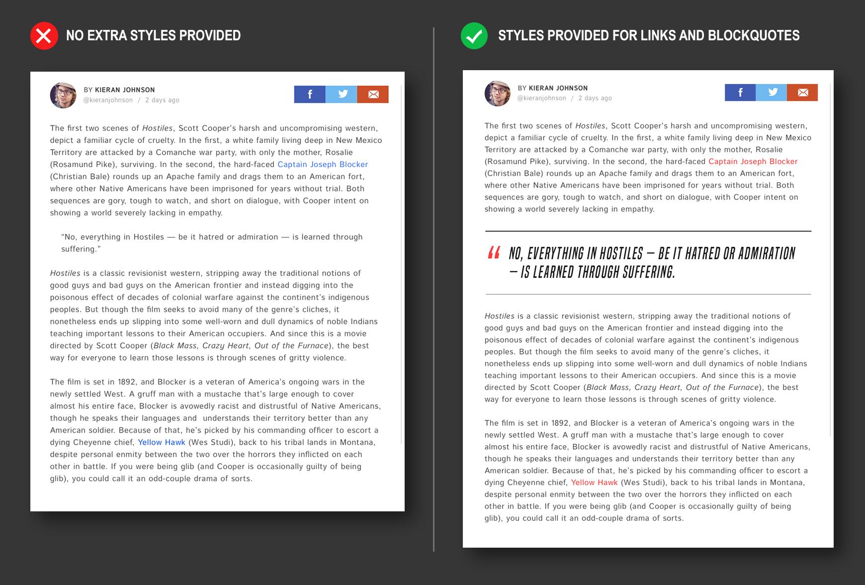 Example post page designs with and without extra styles provided in dynamic website design