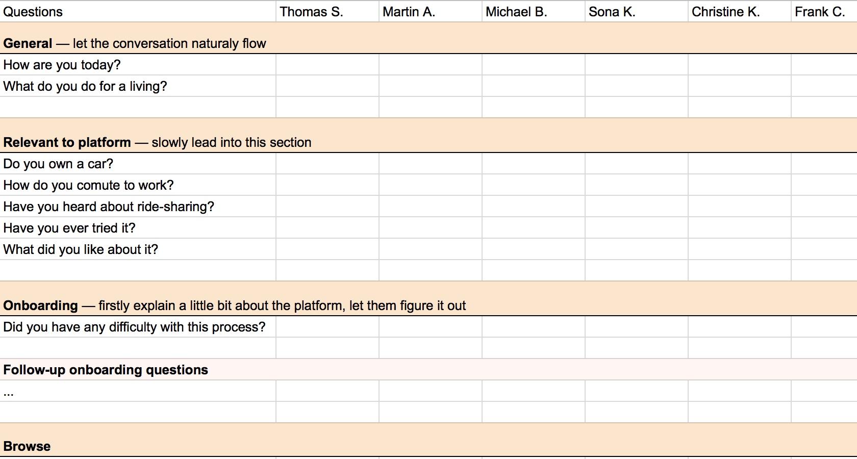 A Google Sheet with customer interview questions