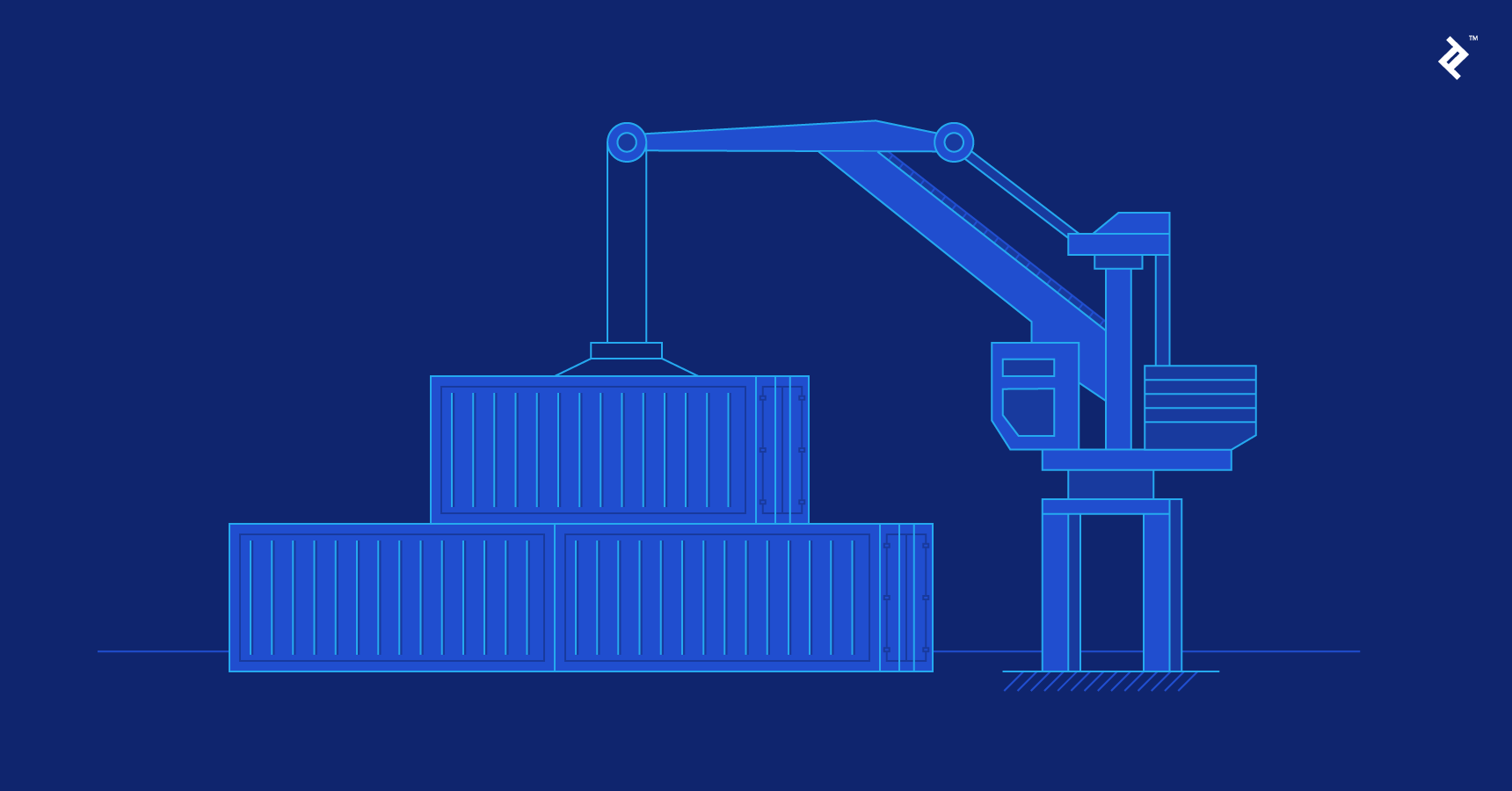 A graphic representation of a crane managing shipping containers