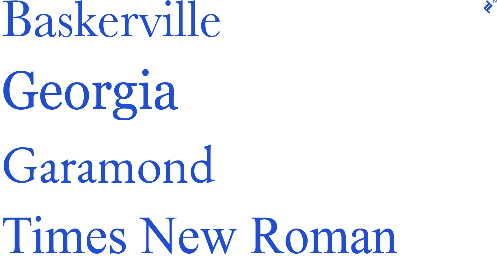 Examples of different serif typefaces for web typography