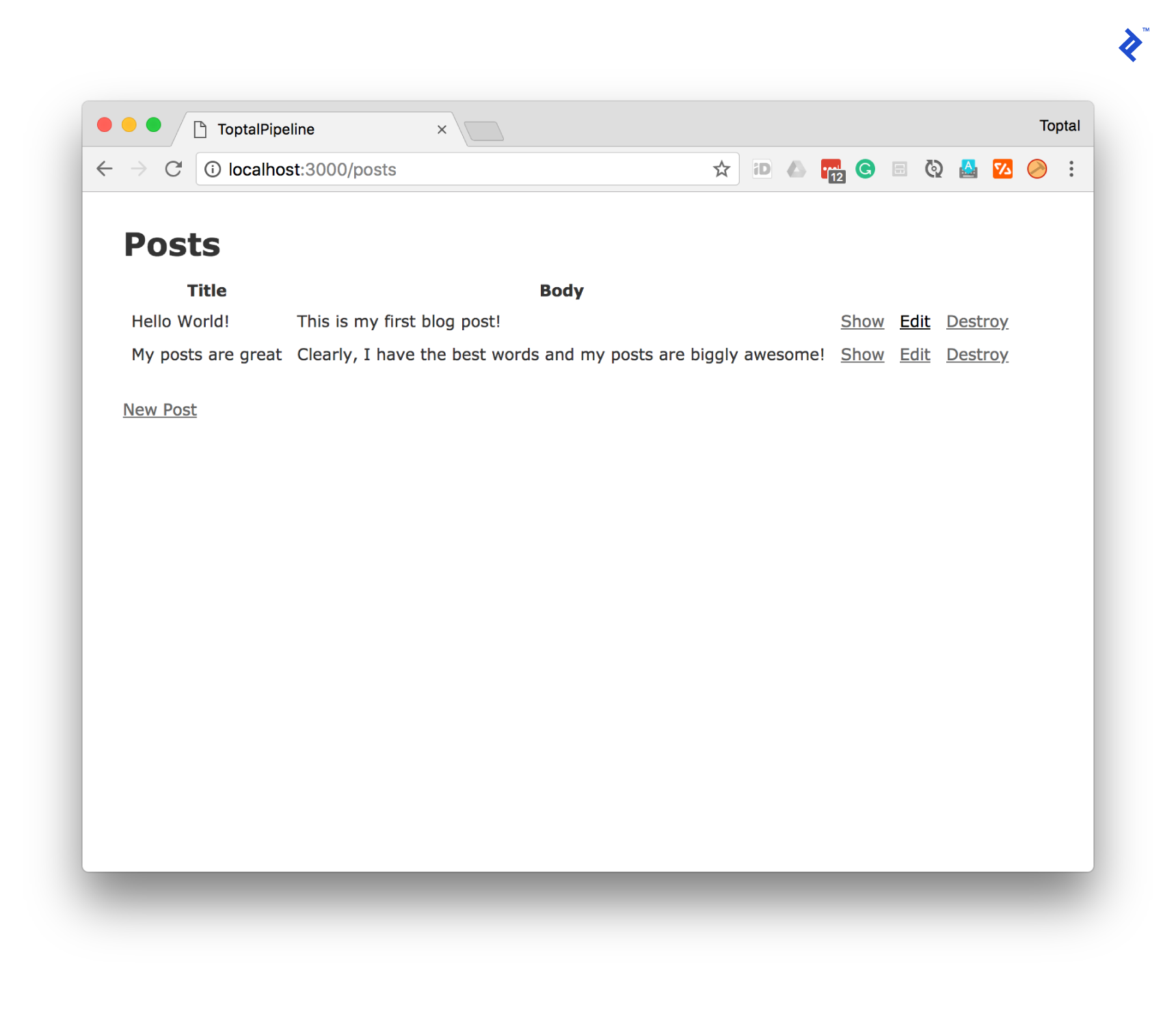 The application running in development