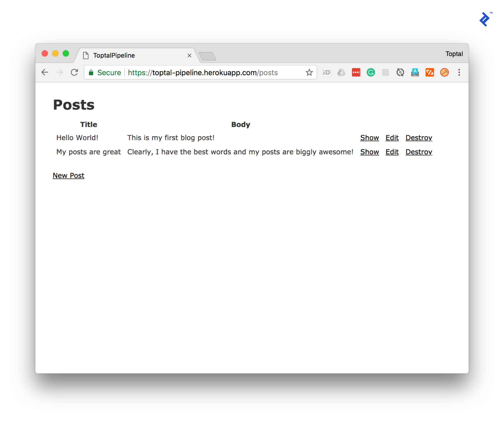 The application running in production