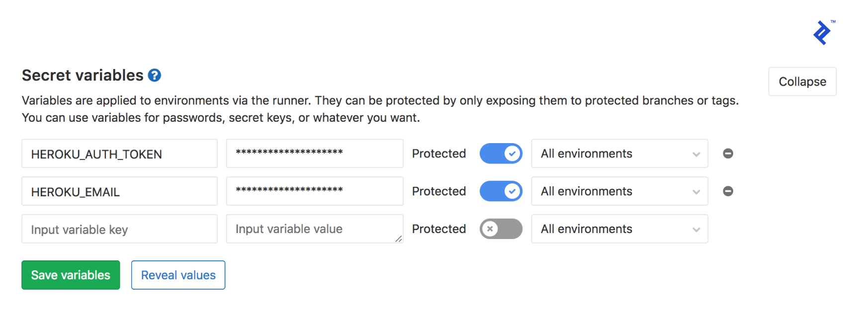Image of the secret variables in the GitLab CI/CD settings page